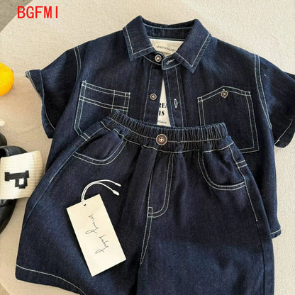 Conjunto de dos piezas de mezclilla de verano para niños de 2 a 10 años, camisa de hilo brillante + pantalones cortos para niña, conjunto de camisa fina para bebé, verano 2026