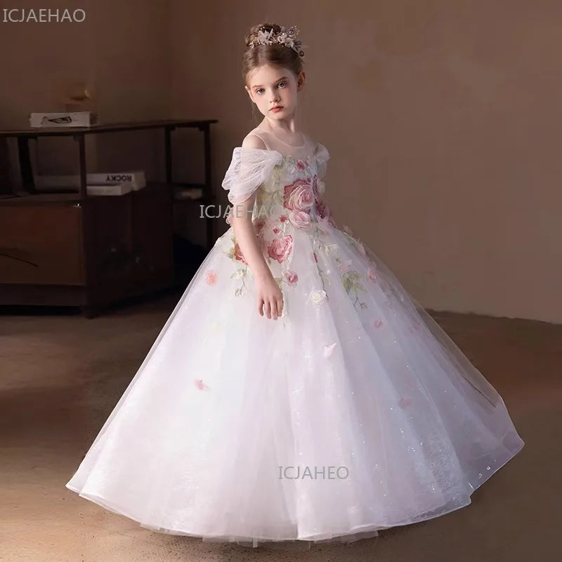 Vestido de Fiesta Blanco para Niña, Modelo 2026, con Flores, para Bodas, Cumpleaños, Eventos, Presentaciones, Piano, Princesa, Celebraciones Formales