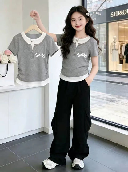 Camiseta de Manga Corta con Cuello Redondo para Niños, Estilo 2026, Corte Ajustado, Informal, Moda Infantil, Mezcla de Algodó...