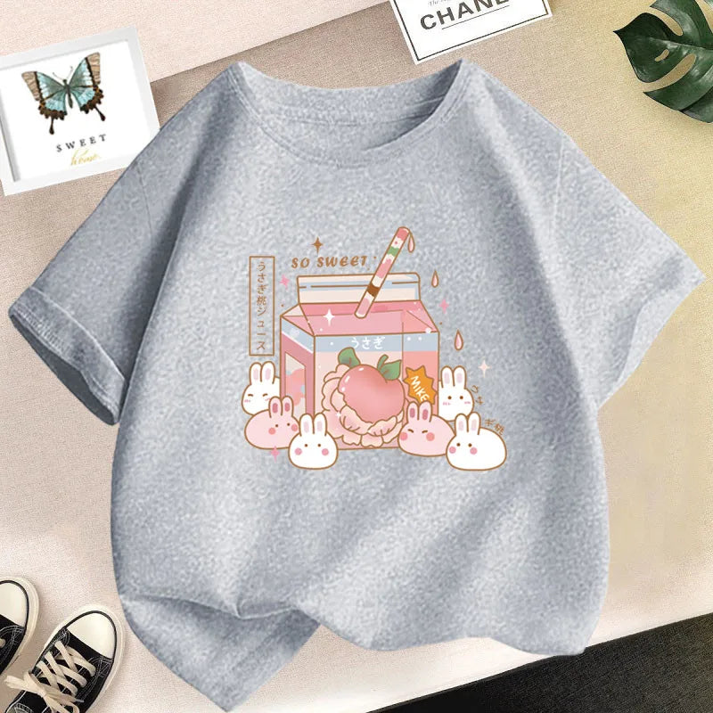 Camiseta bonita de dibujos animados de batido de leche de fresa para niñas, camisetas rosas con gráfico de manga corta para niños