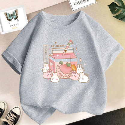 Camiseta bonita de dibujos animados de batido de leche de fresa para niñas, camisetas rosas con gráfico de manga corta para niños