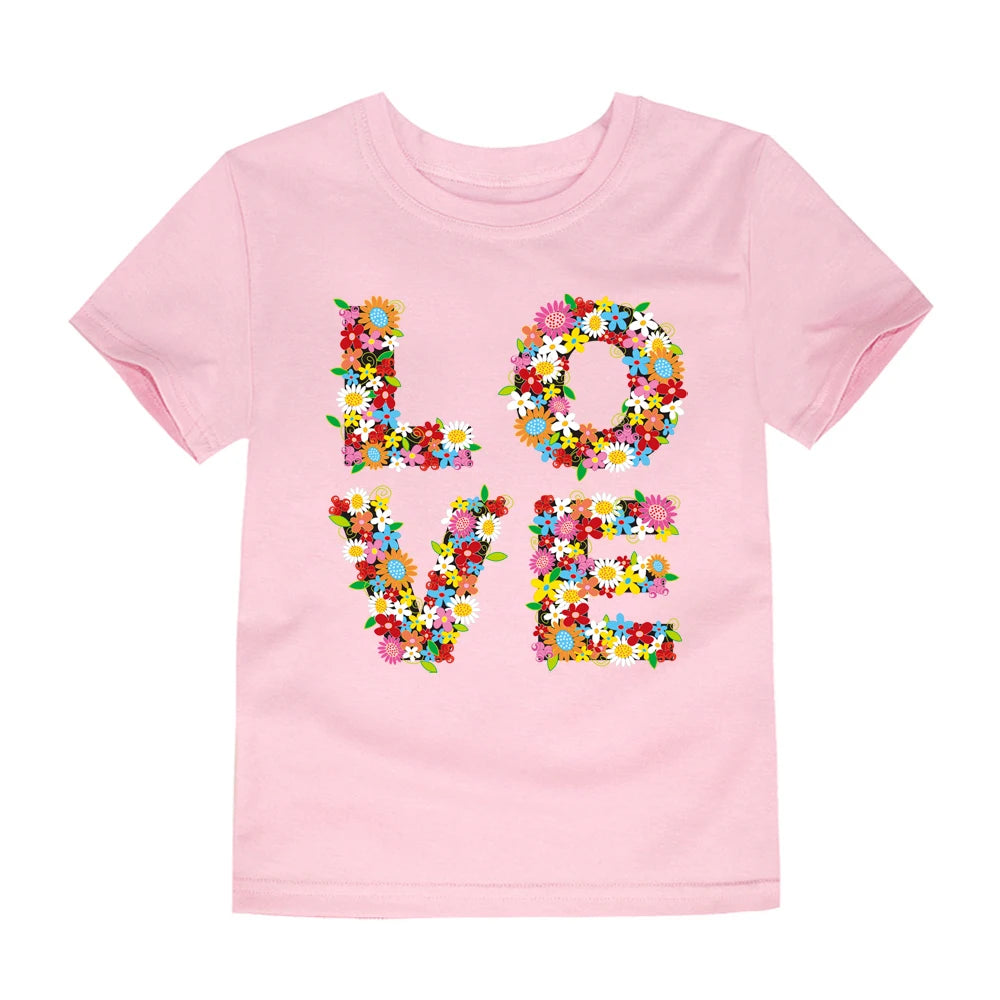 Camiseta de manga corta de algodón transpirable para niños, con estampado de letras de flores de verano, moderna y bonita