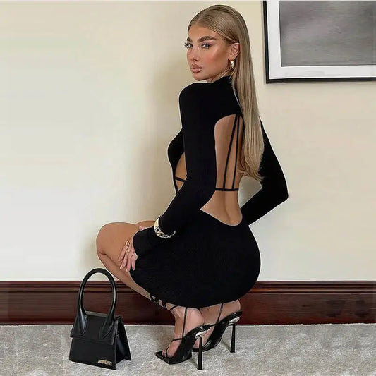 Vestido Bodycon Sexy para Mujer, Espalda Descubierta, Cintura Descubierta, Manga Larga, Cintura Alta, Ideal para Fiesta, Club y Salidas Nocturnas