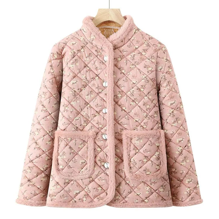 Chaqueta de algodón con estampado floral y forro polar grueso para mujeres de mediana edad y mayores, ropa de abrigo cálida p...