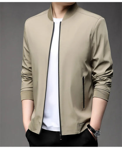 Chaquetas de alta calidad para hombre, chaqueta informal inteligente con cuello de béisbol, abrigo ajustado, prendas de vestir exteriores de Color sólido, primavera y otoño