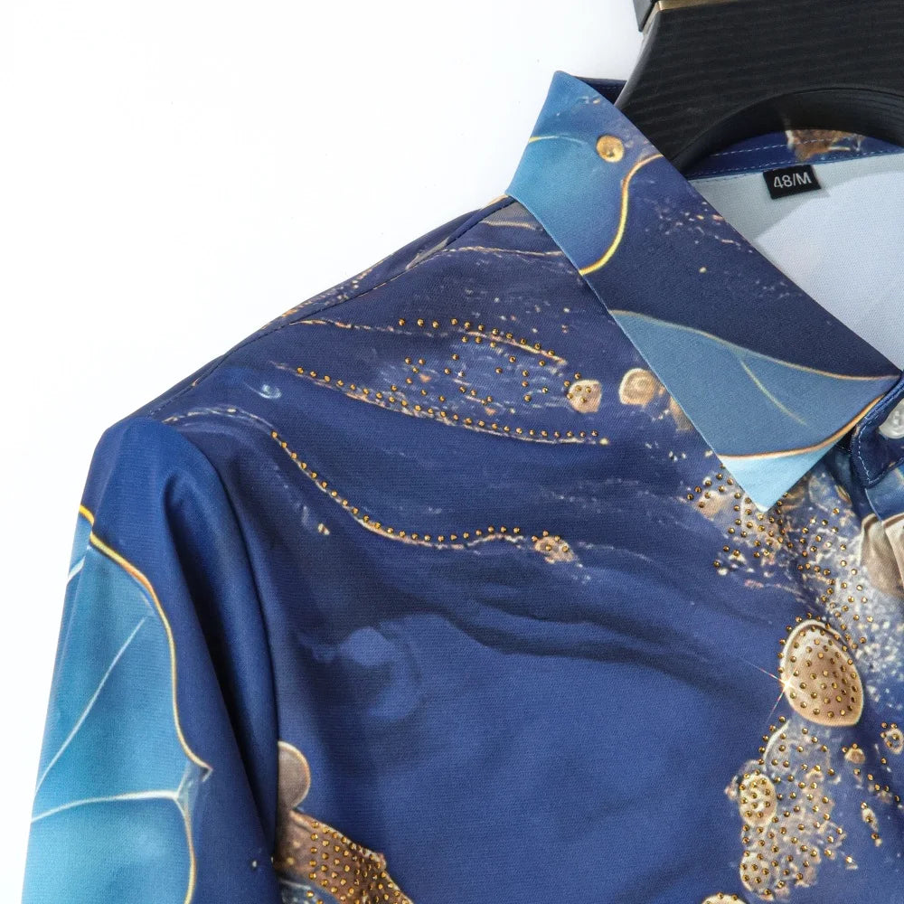 Camisa de Lujo Estilo Oceánico para Hombre, Camisa Casual de Manga Larga con Pedrería y Flores, Camisa de Vestir para Oficina y Eventos Sociales, Ropa Masculina 2026