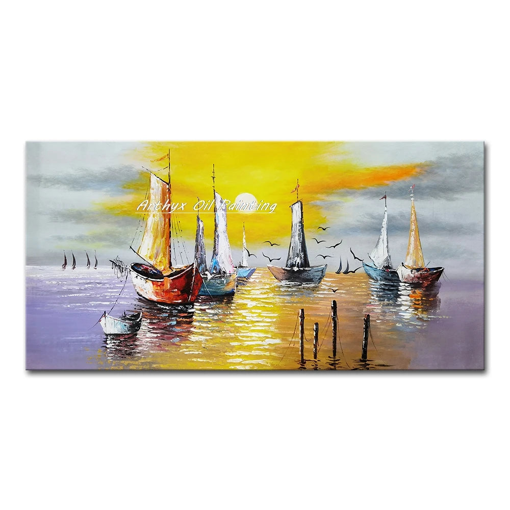 Arthyx, pintura al óleo de paisaje con barcos pintados a mano, cuadro grande para pared, pósteres abstractos en lienzo, decoración moderna para el hogar, decoración de habitaciones
