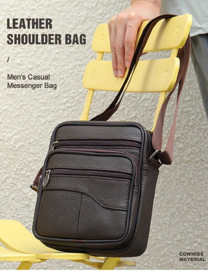 Bolso de hombro pequeño de piel de vaca de primera capa para hombre, bandolera de viaje de cuero genuino para ir al trabajo, bolso informal diario para teléfono móvil