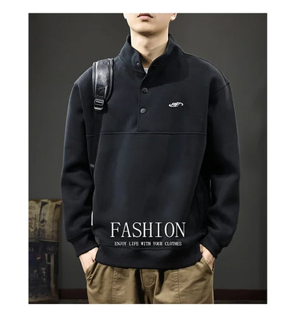 Otoño de los hombres de la letra impresa botón sudadera Stand Collar Patchwork pulóver sudaderas con capucha 2025 nuevo Casual Y2K manga larga Sudaderas