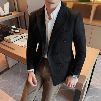 Chaqueta de ante con botones de doble botonadura para hombre, traje de negocios informal, ropa de calle Social, otoño e invierno, 2023