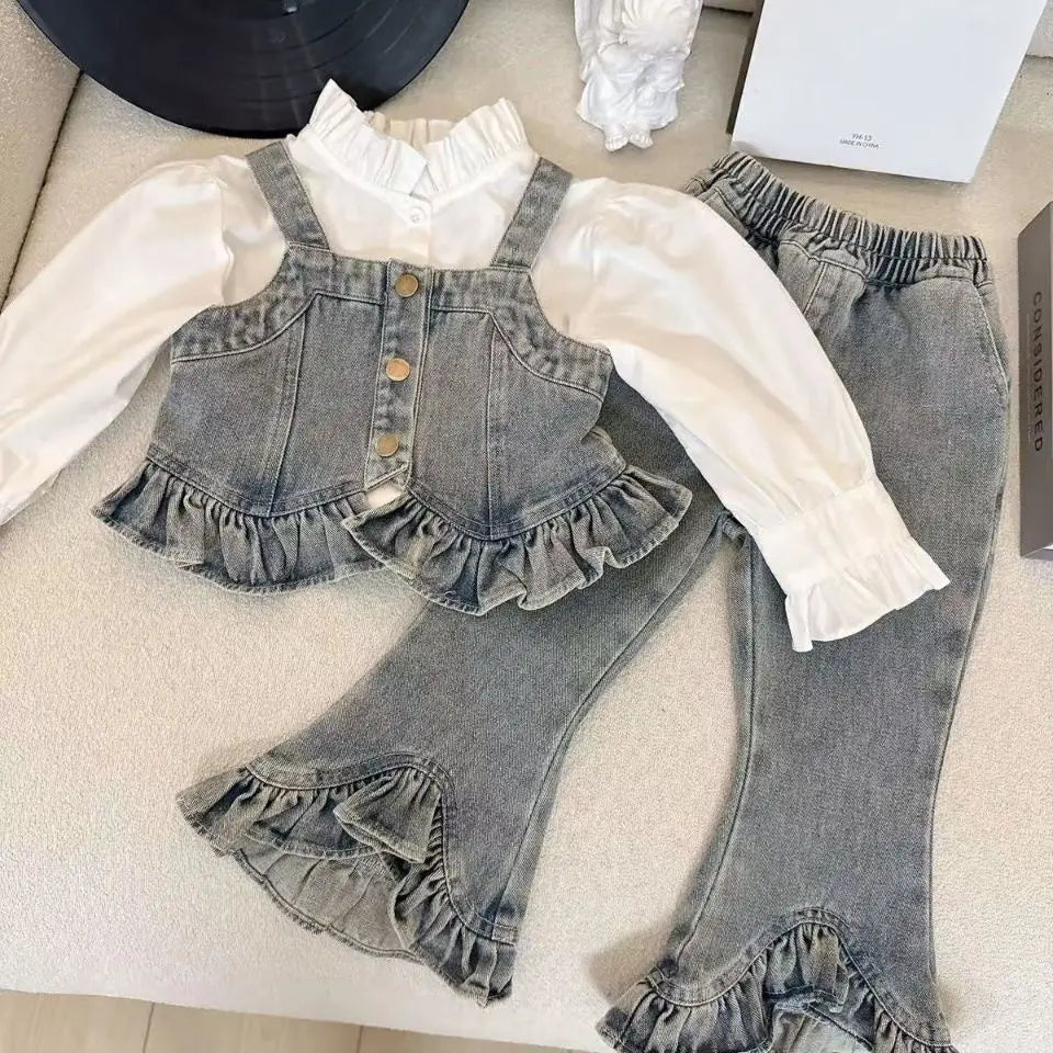Conjunto para niña, nuevo estilo occidental, mezclilla, primavera y otoño, chaleco para niños, camisa, conjunto de tres piezas para bebé, pantalones vaqueros