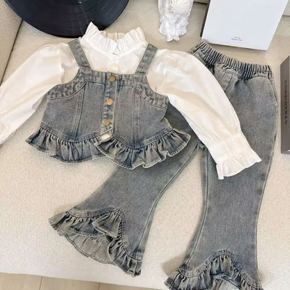 Conjunto para niña, nuevo estilo occidental, mezclilla, primavera y otoño, chaleco para niños, camisa, conjunto de tres piezas para bebé, pantalones vaqueros
