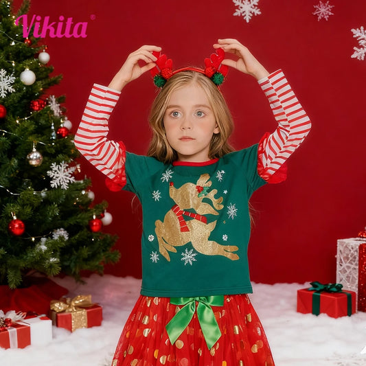 Tops verdes de Navidad para niñas con mangas con volantes, estampado de copos de nieve de Reno para niños, camisetas de algodón suave para fiestas navideñas, regalo