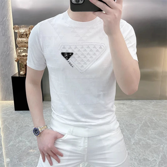 Camiseta de punto de marca de verano para hombre, camisetas de manga corta transpirables de seda helada, camisetas informales de negocios con cuello redondo ajustadas