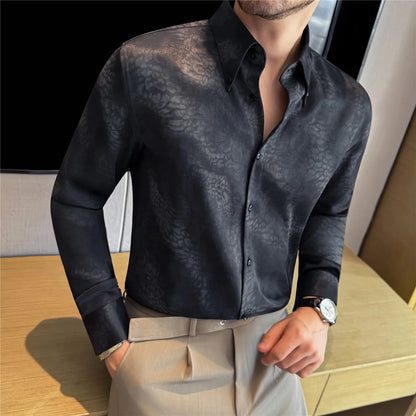 Camisa de manga larga de seda de imitación para hombre, camisa informal estampada de Color degradado a la moda, ropa Social de negocios, ropa de calle para hombre