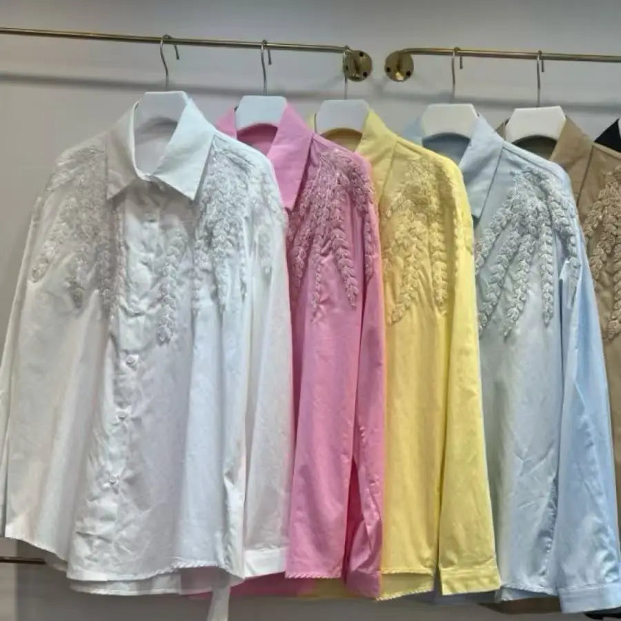 Blusas de algodón con bordado de lentejuelas de lujo, camisas para mujer, tendencia, nueva moda, Tops informales sueltos, Blusas, camisa de oficina para mujer, Tops