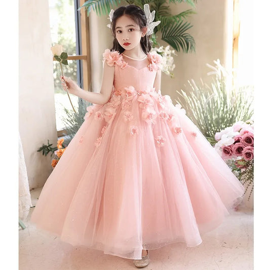Vestido de fiesta de princesa Floral rosa para niñas, vestido de boda para niñas con flores para niños, ropa de noche para desfile de actuación de Piano