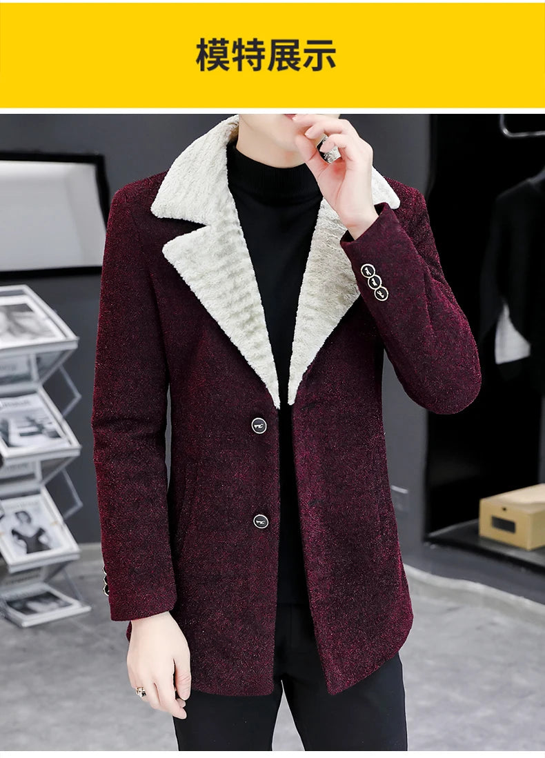 Chaquetas de lana de invierno coreanas para hombres, chaqueta de mezcla de lana gruesa de felpa con solapa, gabardina larga informal de negocios, abrigo de calle