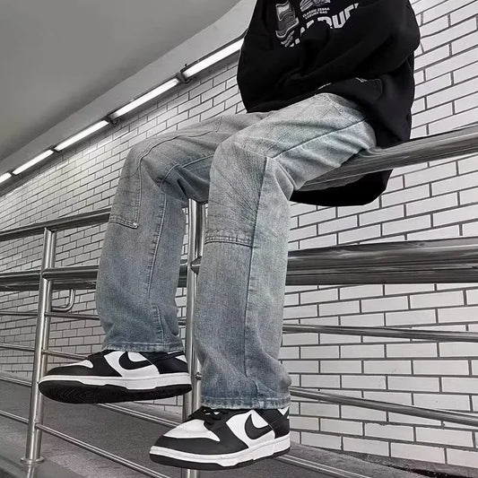 2025 nuevos pantalones vaqueros holgados Vintage Y2K para Hombre, pantalones vaqueros desgastados de calle alta, pantalones vaqueros rectos informales estéticos Harajuku para Hombre