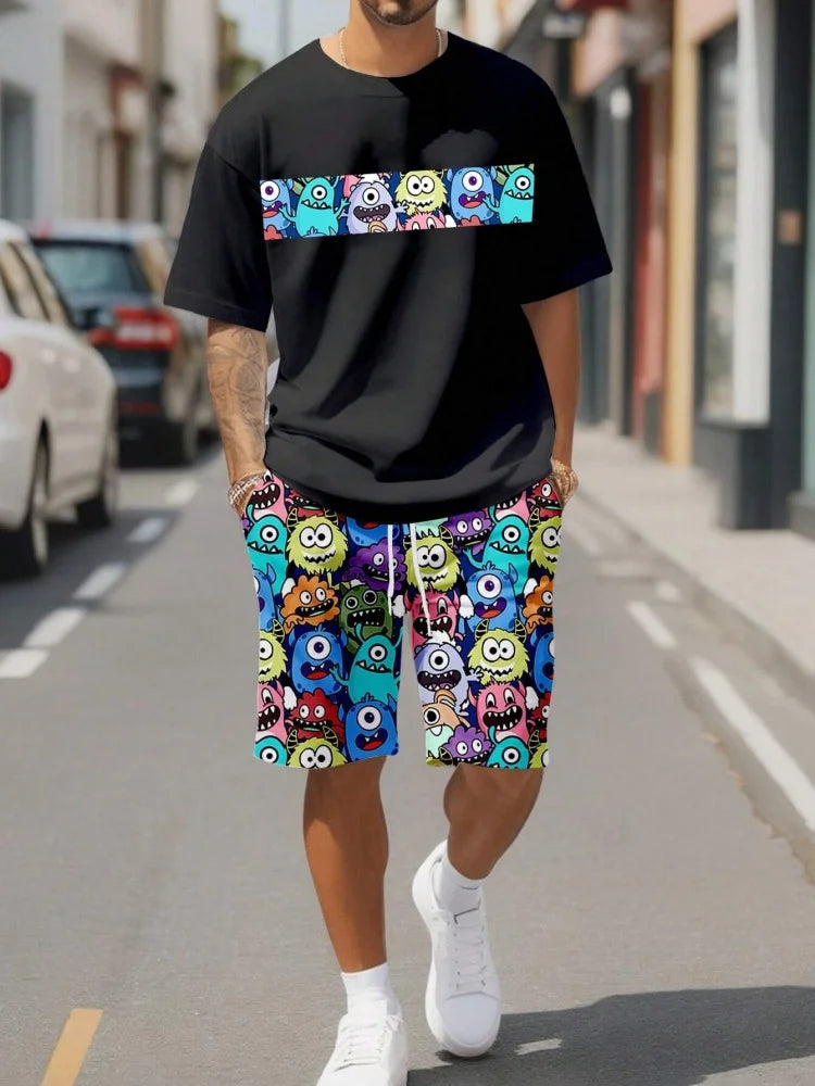 Sencillo de mármol con estampado en 3D, Top y Shorts de cuello redondo para hombres, moda urbana, traje informal de día a día para hombres