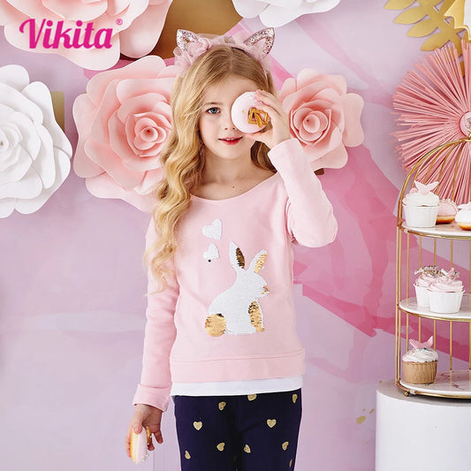 VIKITA-Camiseta de manga larga con cuello redondo para niña, Tops informales de algodón con apliques de lentejuelas de conejo, ropa para niños, otoño y primavera