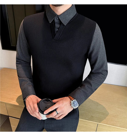 Suéter de punto de alta calidad para hombre, camisa de lana gruesa con cuello empalmado, suéteres con cuello en V, suéter de punto de dos piezas para Otoño e Invierno
