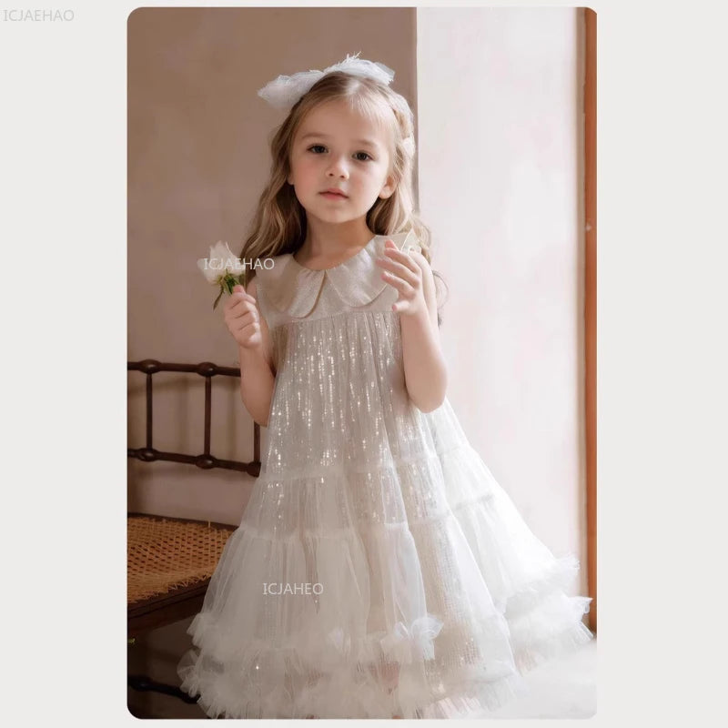 Nuevo vestido de fiesta para niñas, vestido de princesa de tul sin mangas con cuello Peter Pan para actuaciones de Piano, banquete, desfile Formal