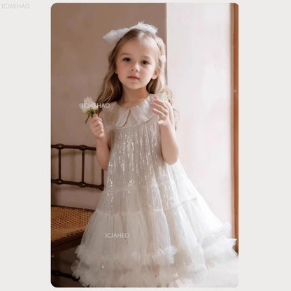 Nuevo vestido de fiesta para niñas, vestido de princesa de tul sin mangas con cuello Peter Pan para actuaciones de Piano, banquete, desfile Formal