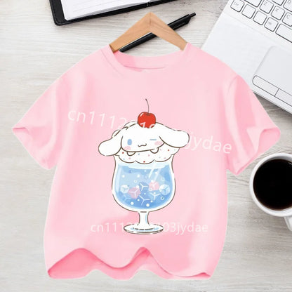 Camiseta de Manga Corta para Niños, Estilo Urbano, Verano 2026, Ropa Casual, Regalo Kawaii, Linda Camiseta de Cinnamoroll para Niña, Camiseta de Algodón con Estampado de Anime