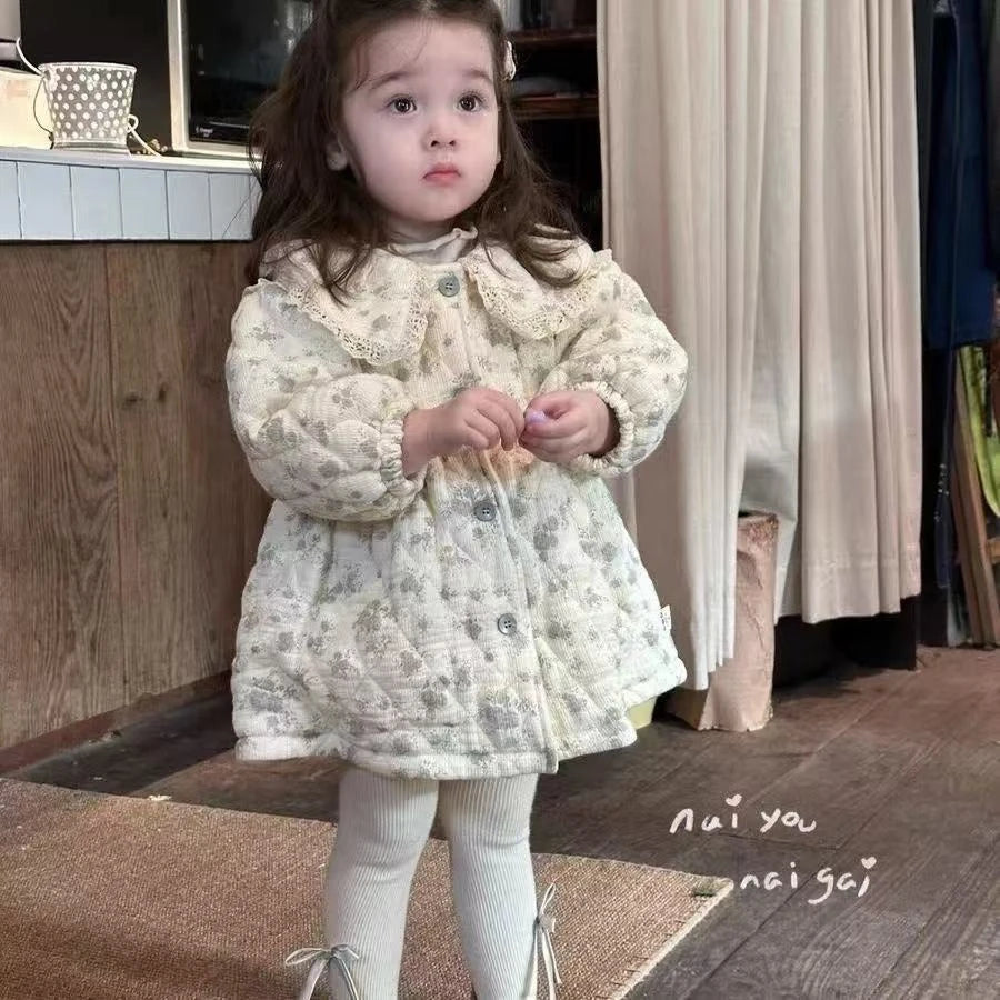 Abrigo Grueso de Algodón Estilo Coreano para Niñas, Otoño e Invierno, Estilo Campestre, Versátil, con Cuadros y Flores