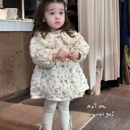 Abrigo Grueso de Algodón Estilo Coreano para Niñas, Otoño e Invierno, Estilo Campestre, Versátil, con Cuadros y Flores