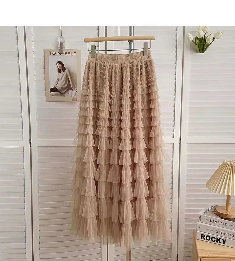 Falda larga de tul de talla grande para mujer, cintura alta, estilo A, con capas, elegante, para 200 libras, estilo coreano, ...