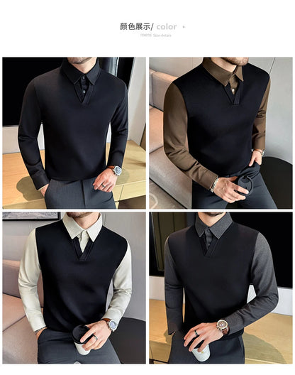 Suéter de punto de alta calidad para hombre, camisa de lana gruesa con cuello empalmado, suéteres con cuello en V, suéter de punto de dos piezas para Otoño e Invierno