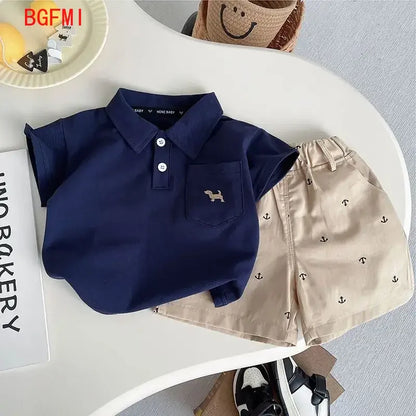 Conjunto de camisa Polo fina de verano para niños pequeños, camisa bordada de dibujos animados de manga corta para bebés + pantalones cortos informales completamente estampados, conjunto de 2 uds.
