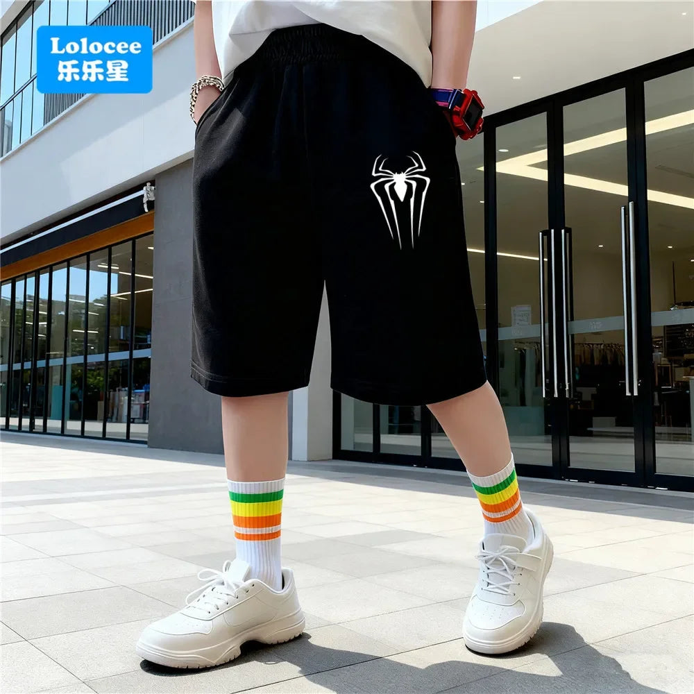 Pantalones cortos con estampado de araña a la moda para niños, moda informal de verano, pantalones sueltos y cómodos de cinco puntos, pantalones de chándal de algodón para adolescentes ZZ01