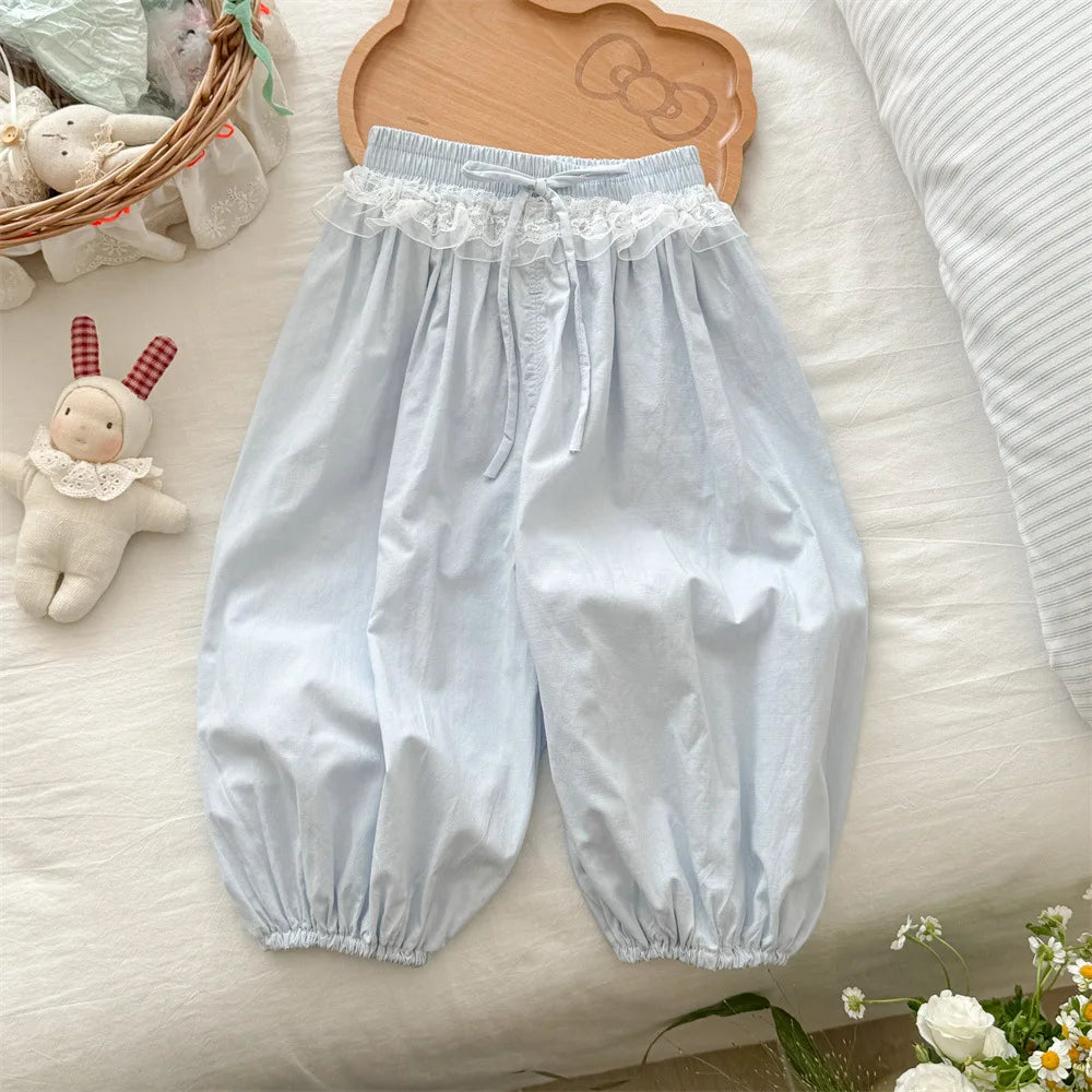 Pantalones informales finos para niñas, novedad de verano, pantalones con cordón de encaje para niños, pantalones de fondo coreanos