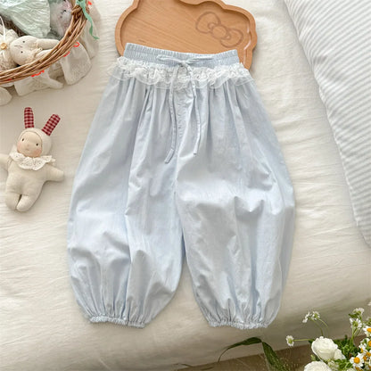 Pantalones informales finos para niñas, novedad de verano, pantalones con cordón de encaje para niños, pantalones de fondo coreanos