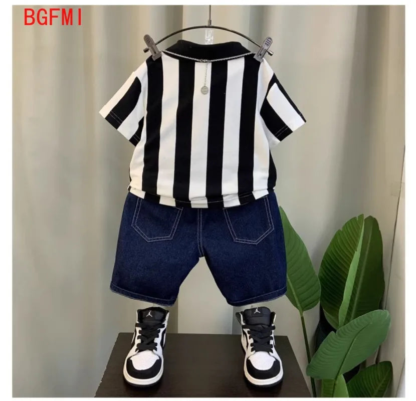 Conjunto de dos piezas de manga corta para niño adolescente, Polo a rayas, pantalones cortos Vaqueros, ropa coreana, verano, nuevo, 2-11 años