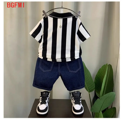 Conjunto de dos piezas de manga corta para niño adolescente, Polo a rayas, pantalones cortos Vaqueros, ropa coreana, verano, nuevo, 2-11 años