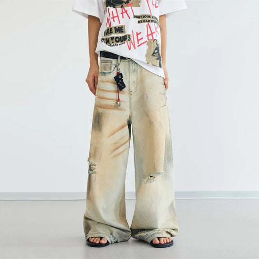 Pantalones vaqueros de pierna recta desgastados Vintage para hombre, pantalones vaqueros holgados rasgados a la moda de Hip Hop, ropa de calle informal Y2K, primavera 2026