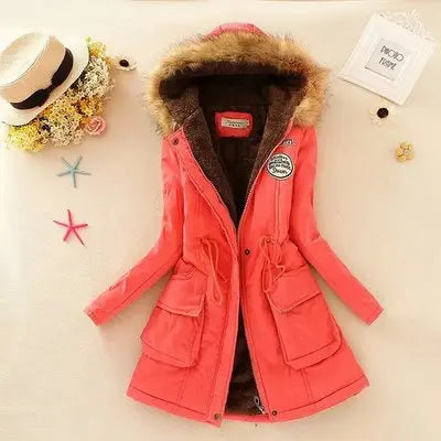 Women's Winter Long Jacket Hooded Overcoat Warm Fluffy Coats Zipper Closure Cotton Thickened Regular Length Coat