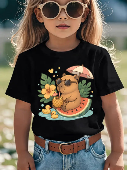 Camiseta para niños, camiseta de algodón morada para niñas, camiseta informal de manga corta con estampado de Capibara, ropa para niños, camiseta para niñas