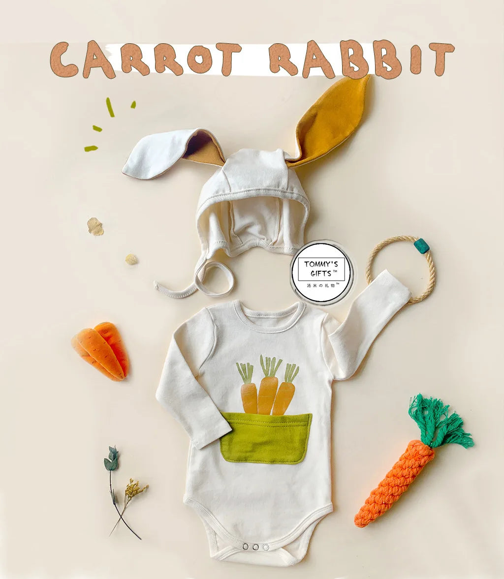2025 INS ropa infantil para niña moda verano estampado de zanahoria diseño de conejito mameluco para bebé mono de algodón suave 0-24M otoño