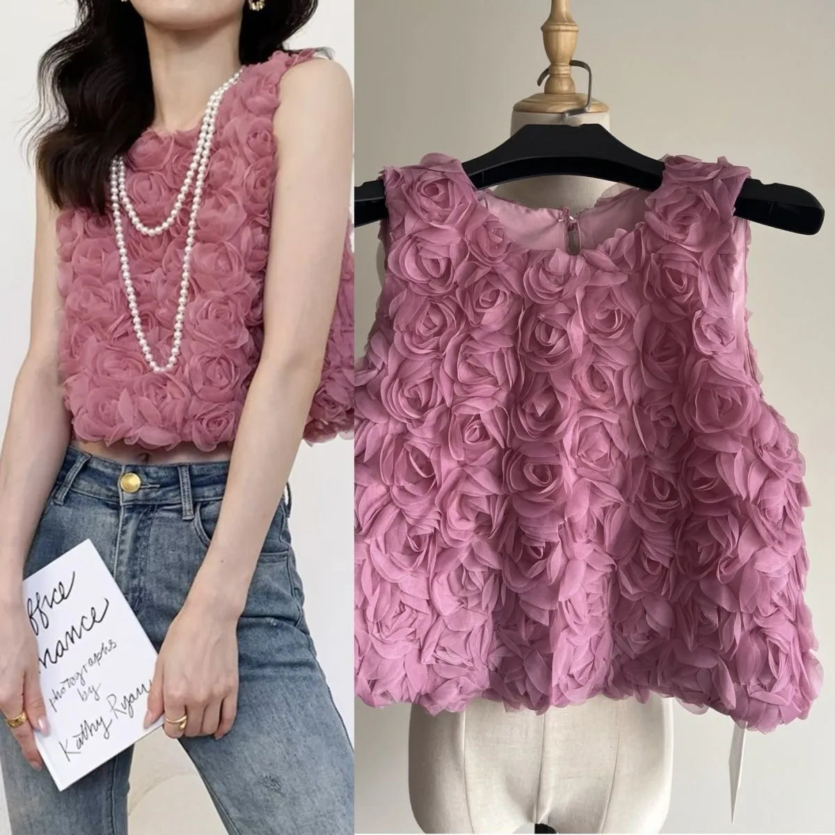 Chaleco sin mangas de estilo coreano con rosas para mujer, chaleco informal liso y dulce para vacaciones, Tops elegantes con cuello redondo a la moda para verano, novedad