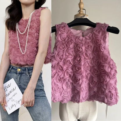 Chaleco sin mangas de estilo coreano con rosas para mujer, chaleco informal liso y dulce para vacaciones, Tops elegantes con cuello redondo a la moda para verano, novedad