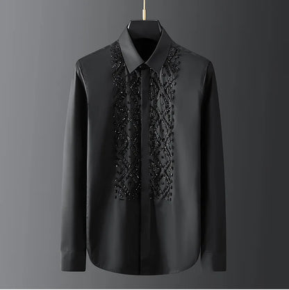 Camisa de lujo hecha a mano con cuentas para hombre, camisas de vestir informales ajustadas de manga larga para negocios, fiesta Social, banquete, escenario, estrella, ropa para hombre