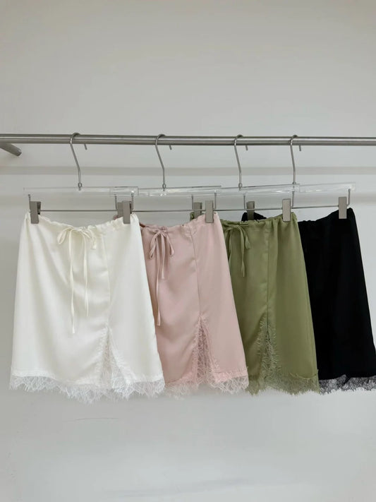 Falda Midi/ de Satén Suave con Encaje, Cinturón y Abertura, para Mujer, Cintura Alta, Corte en A, Holgada, Fibra de Polié...