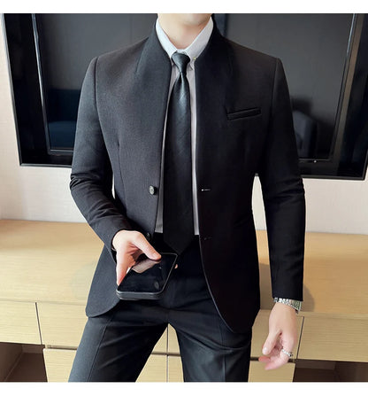 Chaqueta de traje con cuello levantado de alta calidad para hombre, chaquetas de negocios informales, abrigo coreano con gofres para boda, novio, banquete, vestido de fiesta, 2025