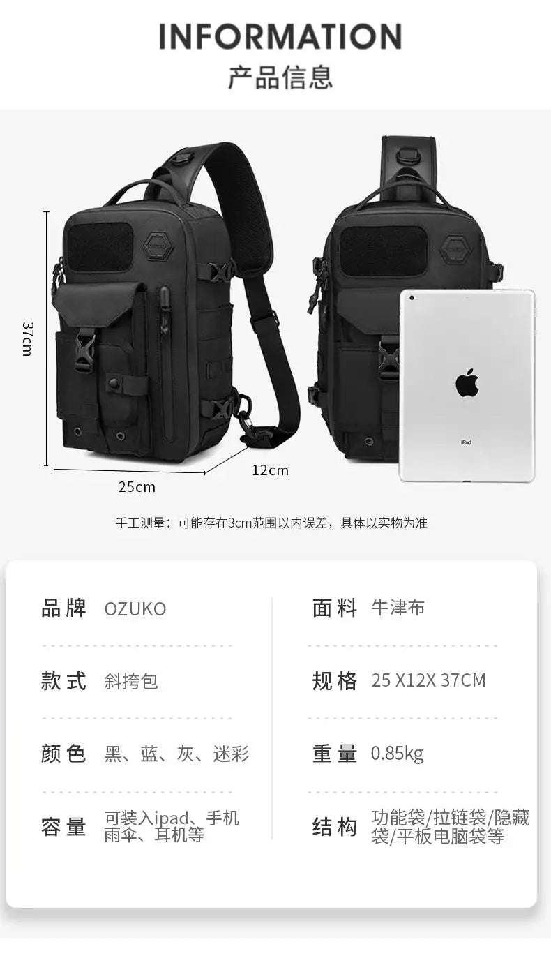 OZUKO-Bolso cruzado de hombro para hombre, bolsa de pecho, impermeable, táctico, cintura, bandolera, cremallera, moda, deportes al aire libre, negro