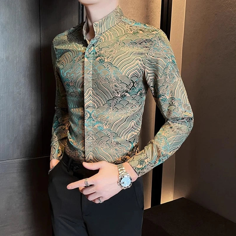 Camisas estampadas de manga larga con cuello levantado para primavera y otoño, camisa informal de moda para hombre de estilo chino Formal Social de negocios